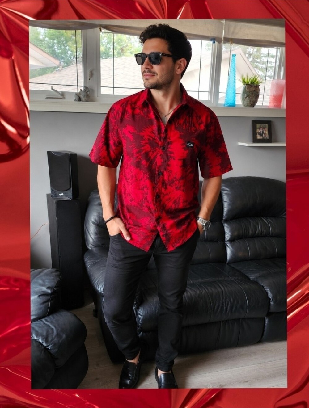 Oakley Mountain Dye Woven Button Up Shirt Red Black Tie Dye Sz S